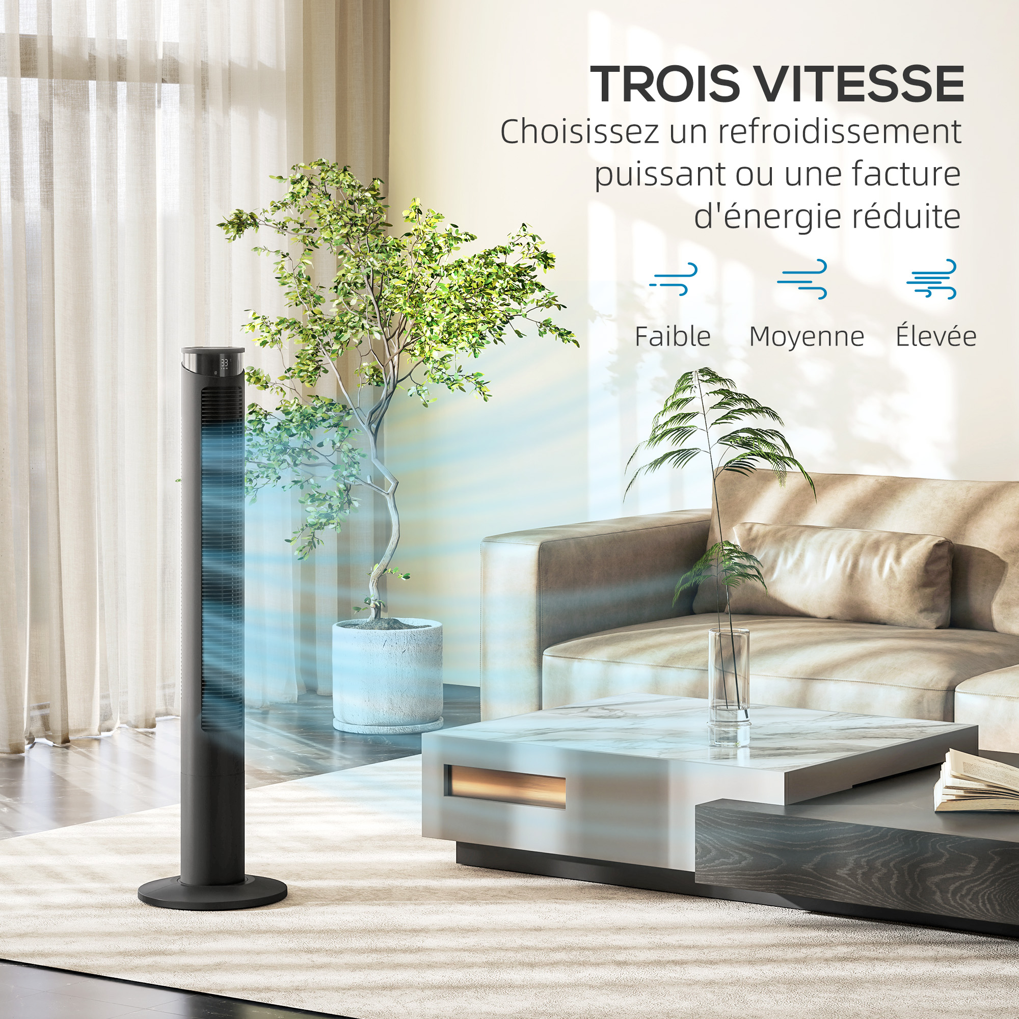 Vntilatur colonn oscillant 45W 3 vitsss 4 mods télécommand timr 12h filtr amovibl noir au millur prix