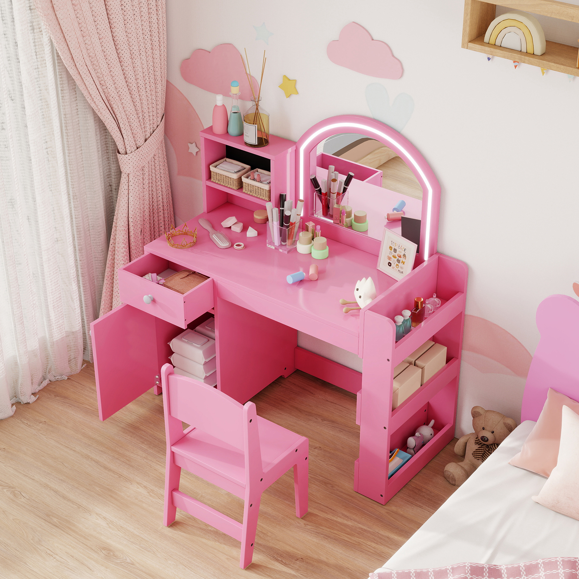 DREAMADE Ensemble Coiffeuse Enfants avec Tabouret, Support Mural avec 3