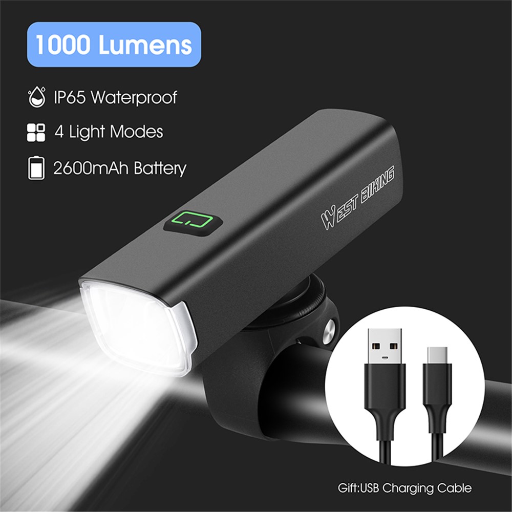 Phare Avant Vélo 350 Lumens - 6 Modes, Batterie 1200 MAh, étanche IP4, Alliage Aluminium, Portée 150-200 M
