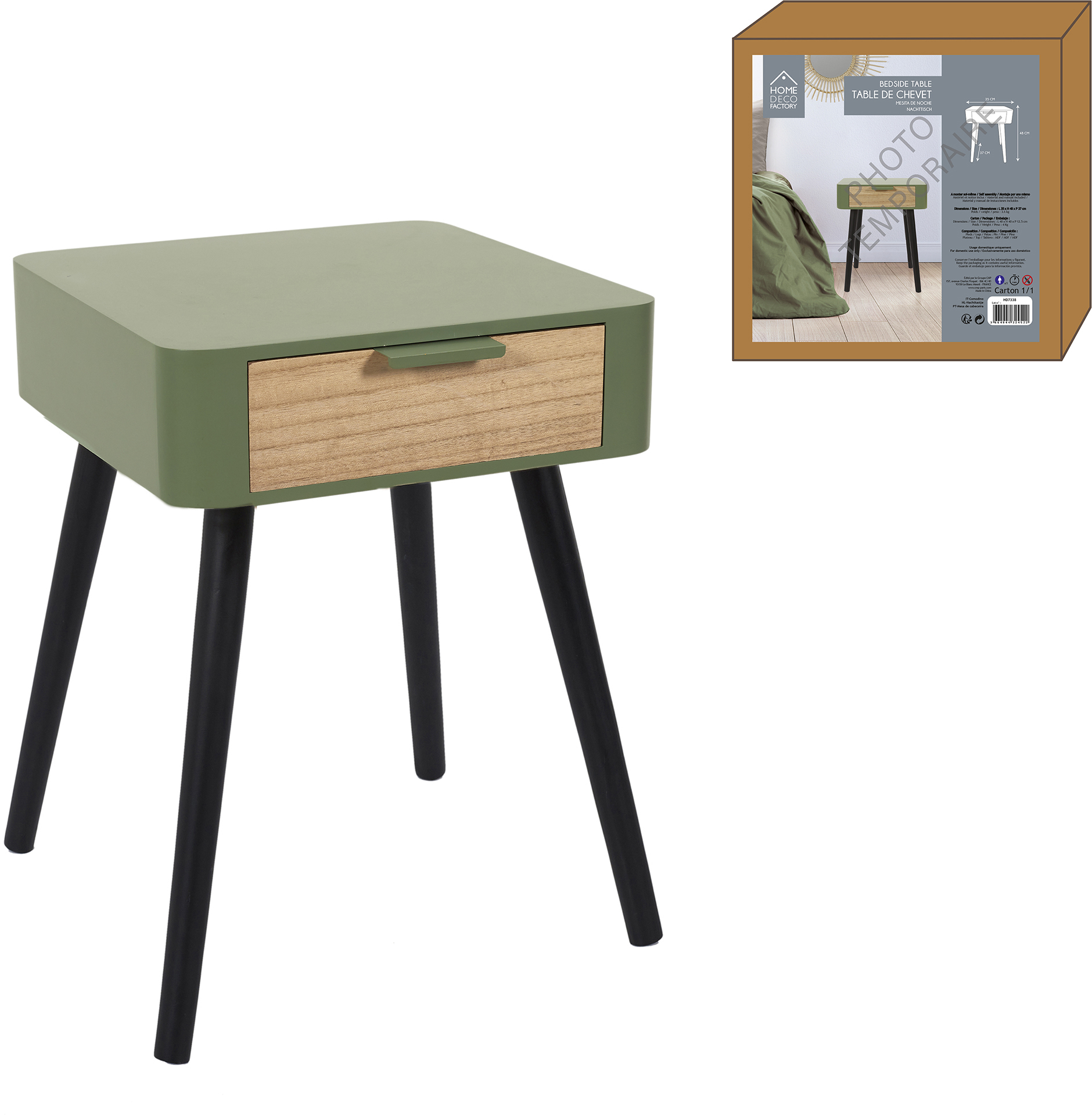 Table de chevet un tiroir en bois vert kaki