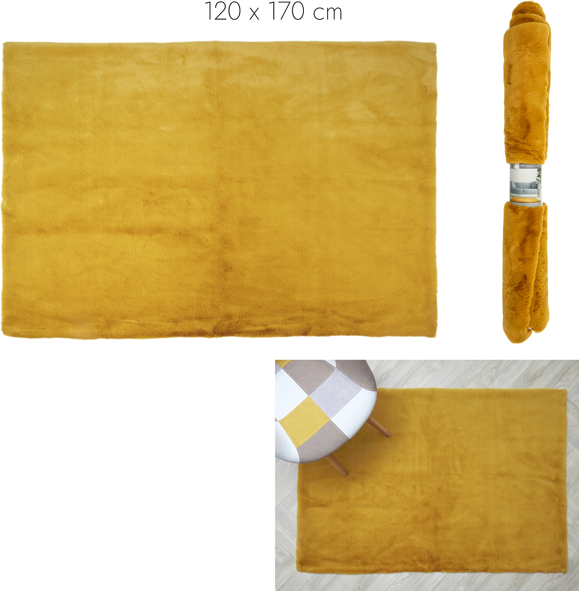 TAPIS IMITATION FOURRURE FIN MOUTARDE 120X170CM M4