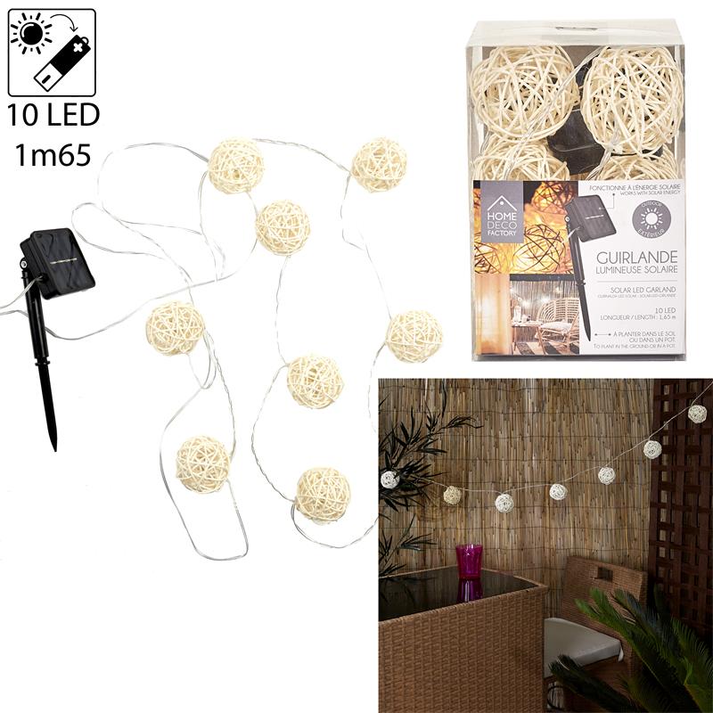 Guirlande Lumineuse Solaire 10 LED Boules Rotin - Extérieur Jardin Balcon Blanc Chaud
