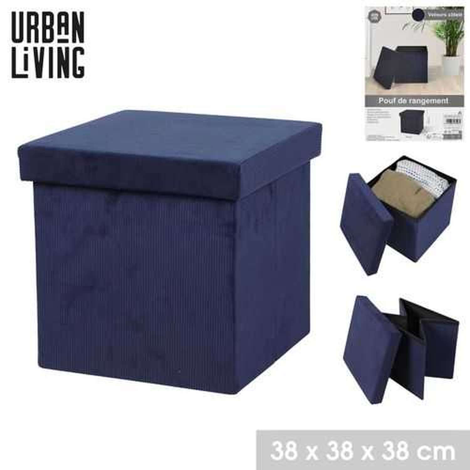 Pouf De Rangement Pliable Kube Velours Bleu - Gain De Place Élégant, 37.5 X 37.5 X 37.5 Cm, Style Romantique