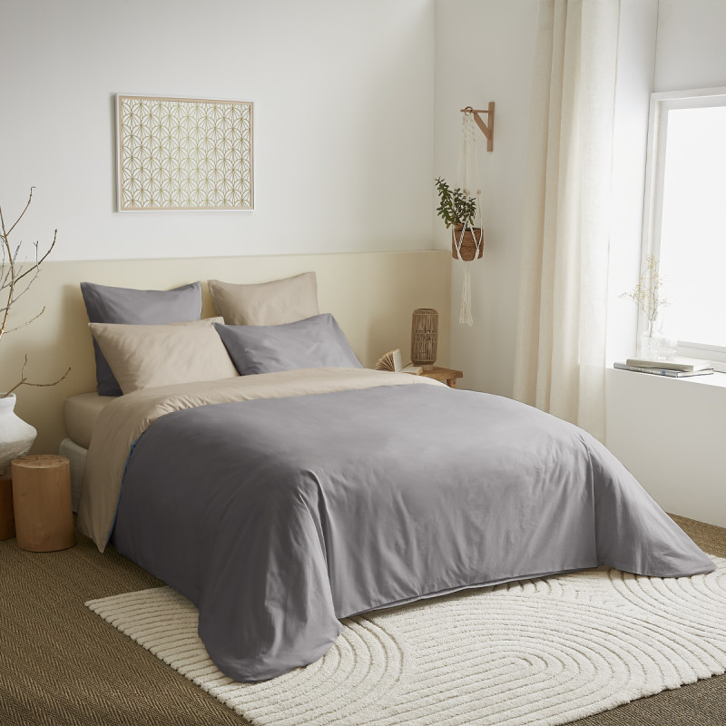 Pack complet 6 pièces Taupe/Lin réversible housse de couette pour lit