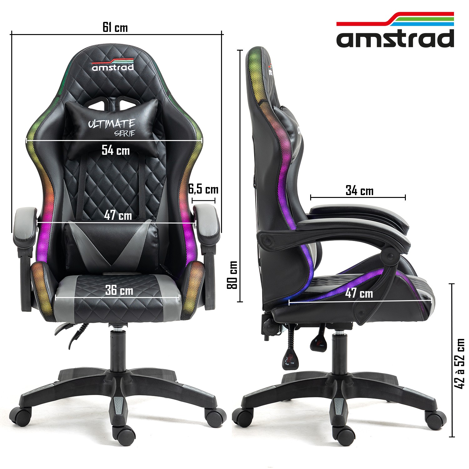 Fauteuil Gaming Elite-LED Amstrad - Noir/Gris, Éclairage LED 576 Effets, Télécommande, Accoudoirs 2D, Ultra Confort Pour Sessions De Jeu