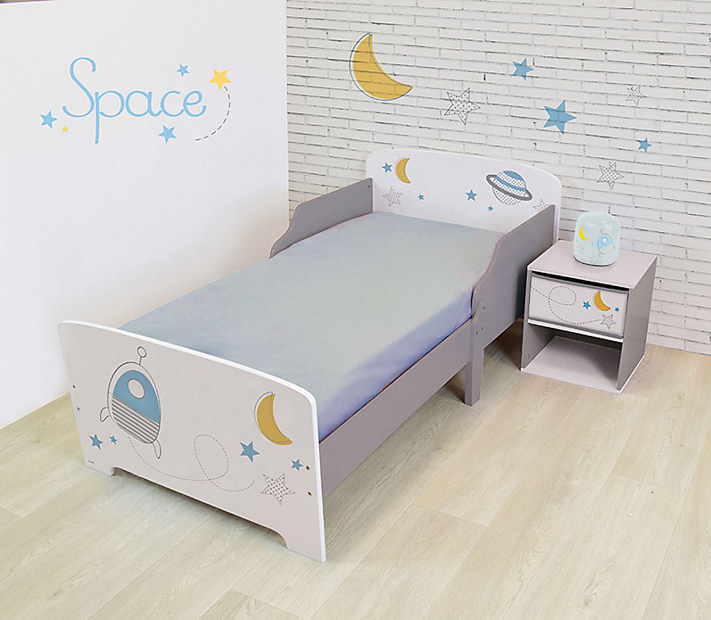 Pack chambre enfant (lit + table de chevet + veilleuse LED) Espace