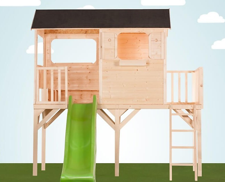 Maisonnette enfant Patio sur pilotis avec patio couvert et toboggan