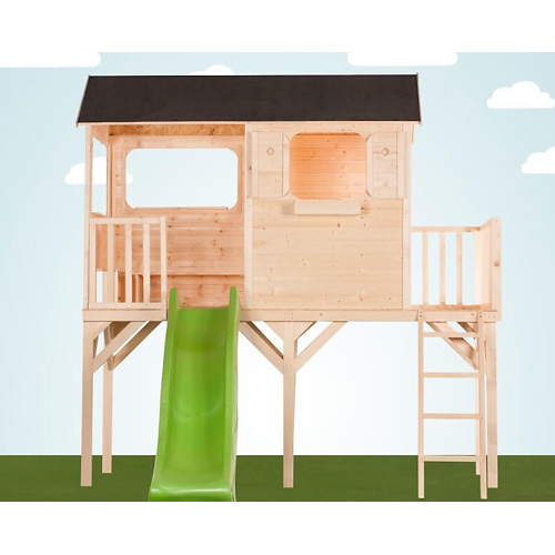Maisonnette enfant Patio sur pilotis avec patio couvert et toboggan