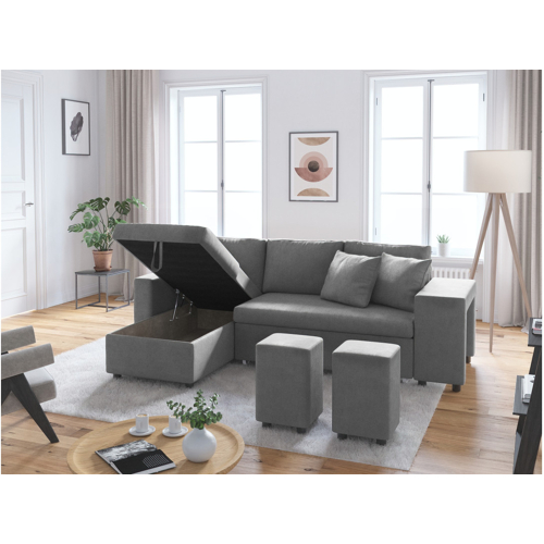 Canapé d'angle réversible convertible avec coffre + 2 poufs avec niche fixe à droite en MF grise LENA