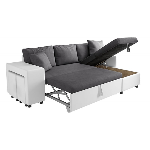 Canapé d'angle gauche convertible IRIS 3 places gris et blanc + 2 poufs