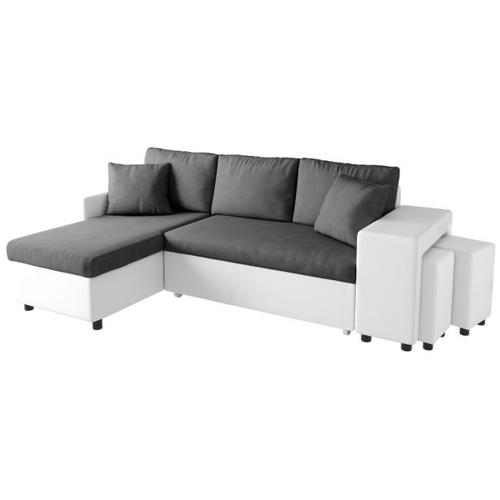 Canapé d'angle droit convertible IRIS 3 places gris et blanc + 2 poufs