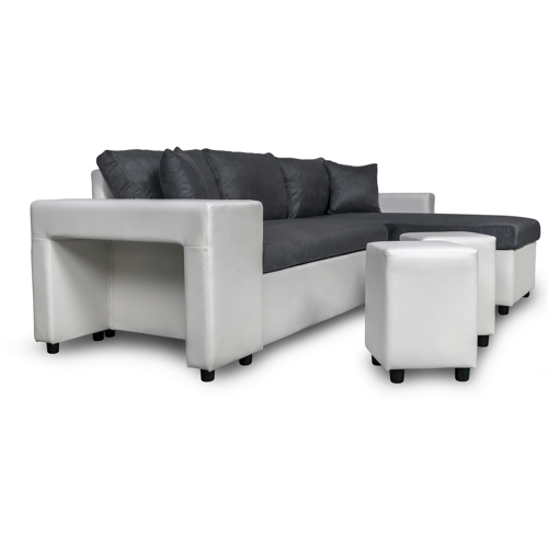 Canapé d'angle droit convertible IRIS 3 places gris et blanc + 2 poufs