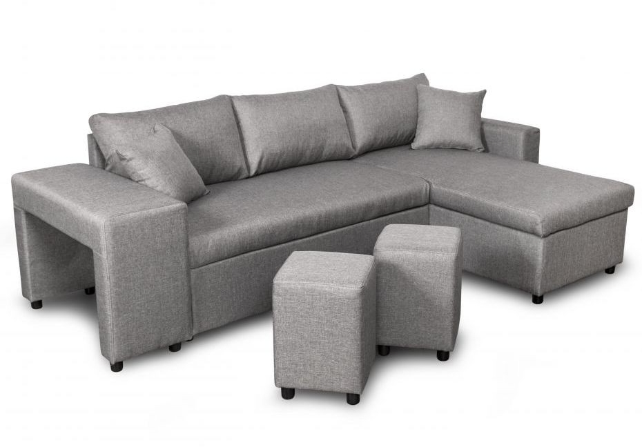 Canapé d'angle droit convertible IRIS 3 places gris + 2 poufs