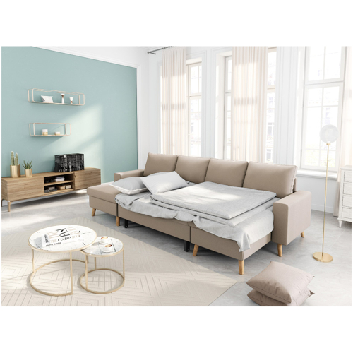 Canapé panoramique scandinave convertible avec 2 coffres en tissu beige EDEN