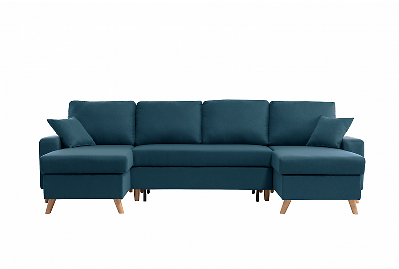 Canapé panoramique scandinave convertible avec 2 coffres en tissu bleu canard EDEN