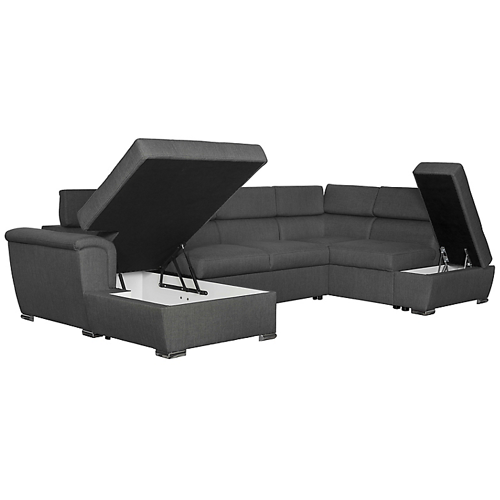 Canapé panoramique convertible avec 2 coffres en tissu - Gris foncé