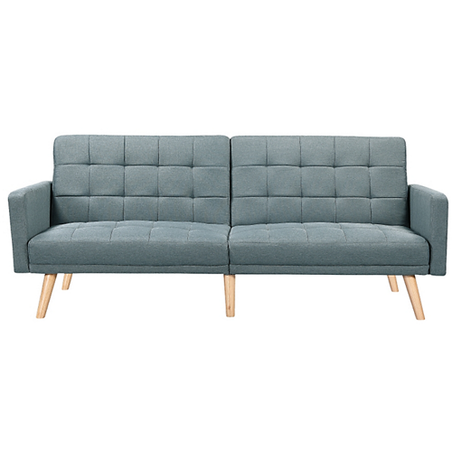 Canapé droit 3 places scandinave convertible avec dossier capitonné en tissu bleu clair pieds bois clair ZEN