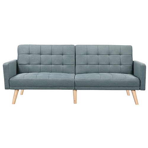 Canapé droit 3 places scandinave convertible avec dossier capitonné en tissu bleu clair pieds bois clair ZEN