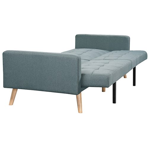 Canapé droit 3 places scandinave convertible avec dossier capitonné en tissu bleu clair pieds bois clair ZEN