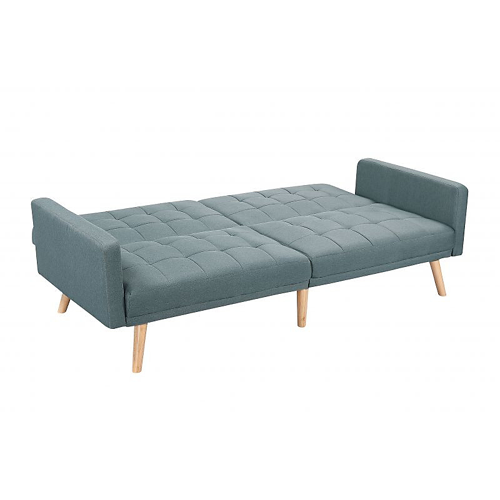 Canapé droit 3 places scandinave convertible avec dossier capitonné en tissu bleu clair pieds bois clair ZEN