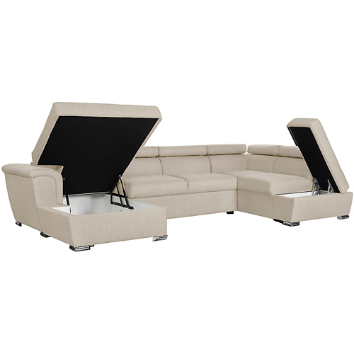 Canapé panoramique convertible avec 2 coffres en tissu - Beige