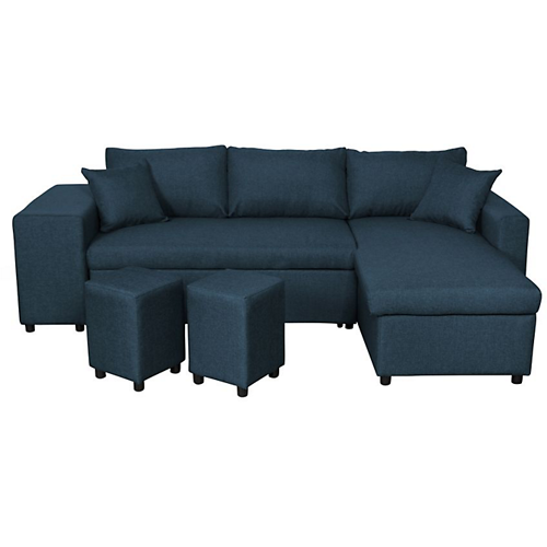 Canapé d'angle réversible convertible avec coffre et 2 poufs en tissu - Bleu pétrole