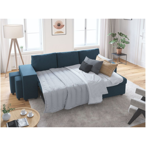 Canapé d'angle réversible convertible avec coffre et 2 poufs en tissu - Bleu pétrole