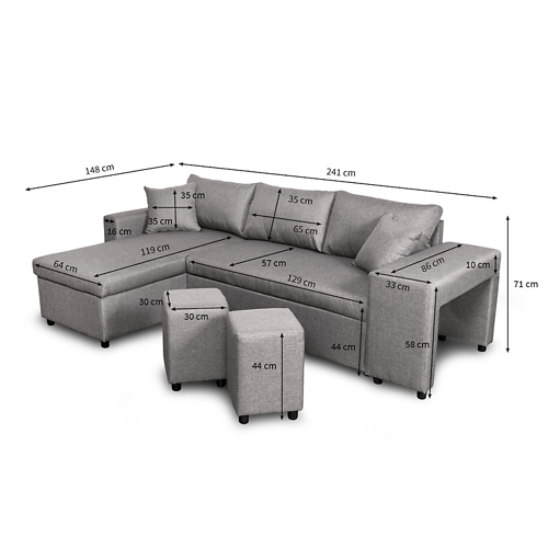 Canapé d'angle réversible convertible avec coffre et 2 poufs en tissu - Bleu pétrole