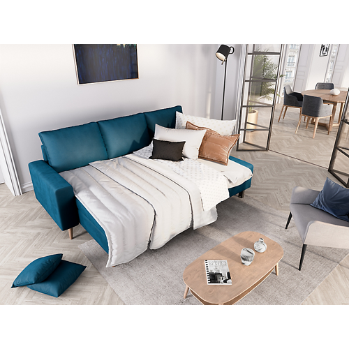 Canapé d'angle scandinave réversible convertible avec coffre en velour - Bleu pétrole