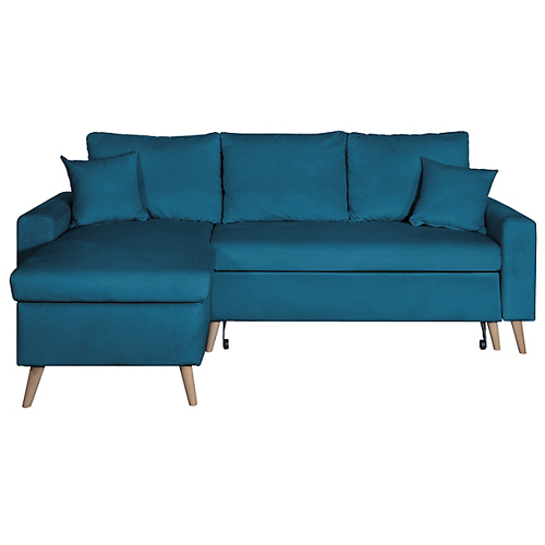 Canapé d'angle scandinave réversible convertible avec coffre en velour - Bleu pétrole