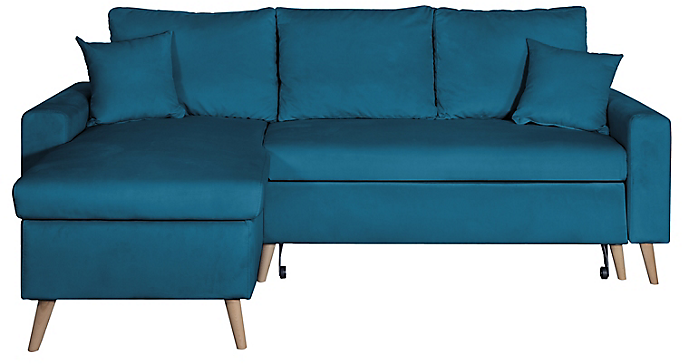 Canapé d'angle scandinave réversible convertible avec coffre en velour - Bleu pétrole