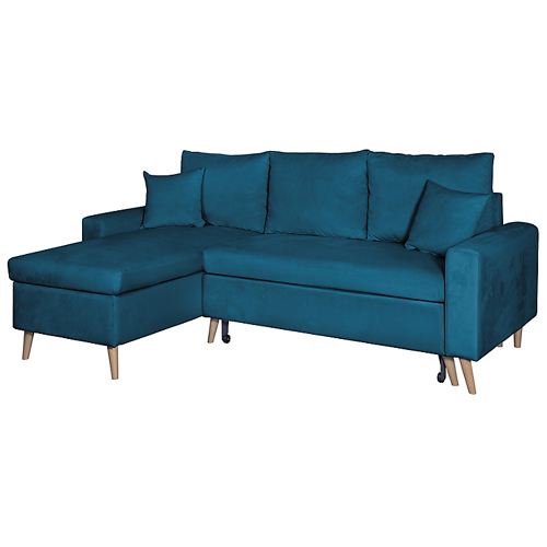 Canapé d'angle scandinave réversible convertible avec coffre en velour - Bleu pétrole