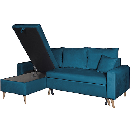 Canapé d'angle scandinave réversible convertible avec coffre en velour - Bleu pétrole