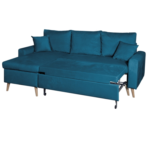 Canapé d'angle scandinave réversible convertible avec coffre en velour - Bleu pétrole