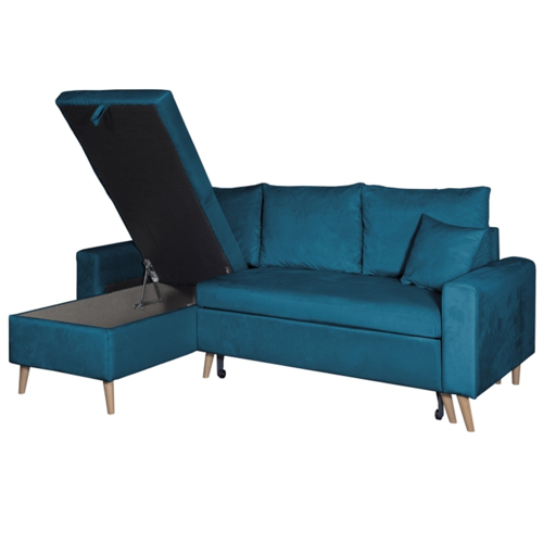 Canapé d'angle scandinave réversible convertible avec coffre en velour - Bleu pétrole