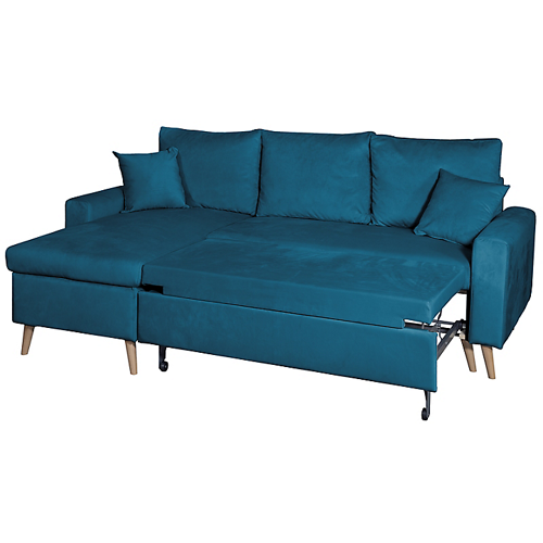 Canapé d'angle scandinave réversible convertible avec coffre en velour - Bleu pétrole