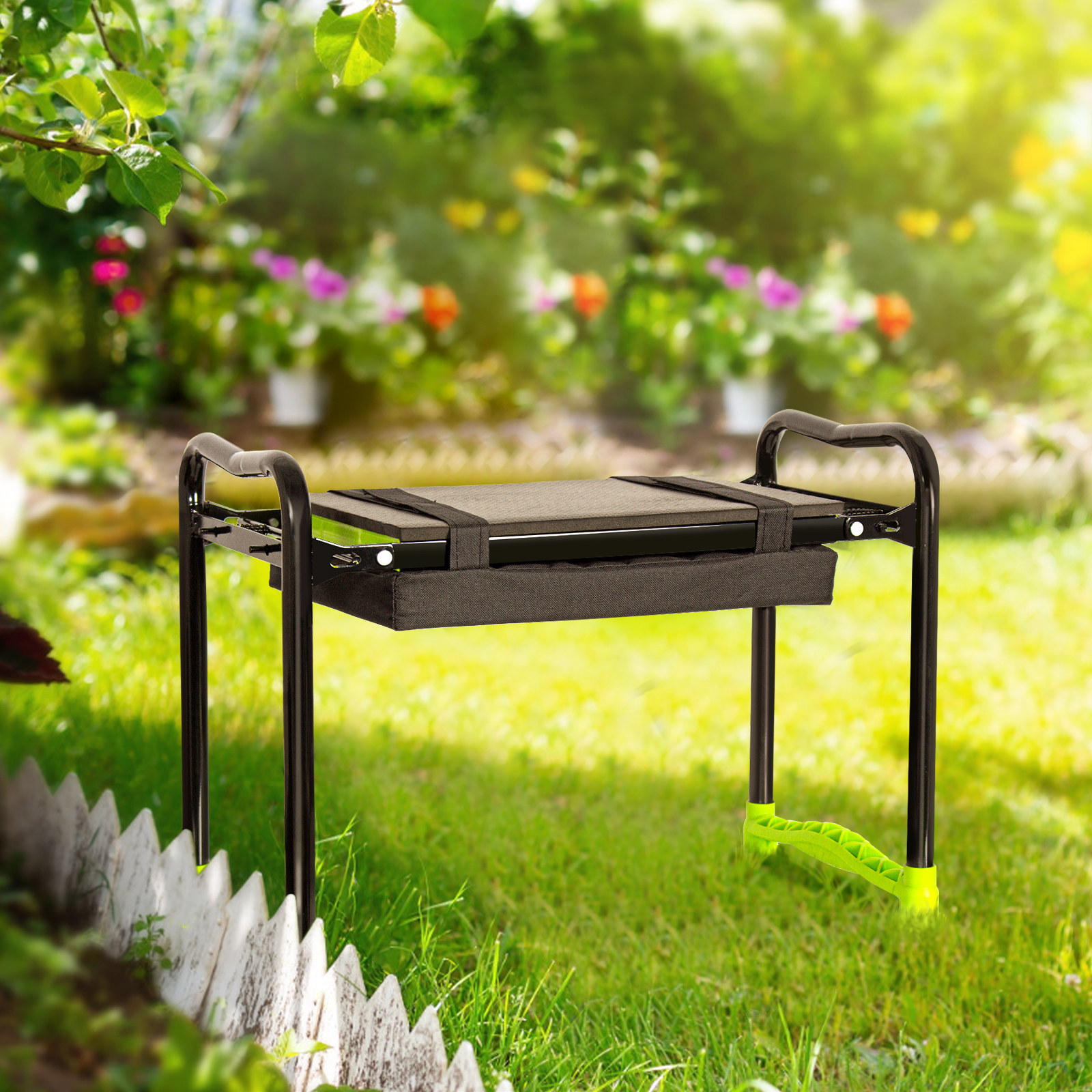 Tabouret Agenouilloir Jardin Outsunny Pliable | Avec Coussin Et Pochette Rangement | Acier Et Mousse EVA Vert