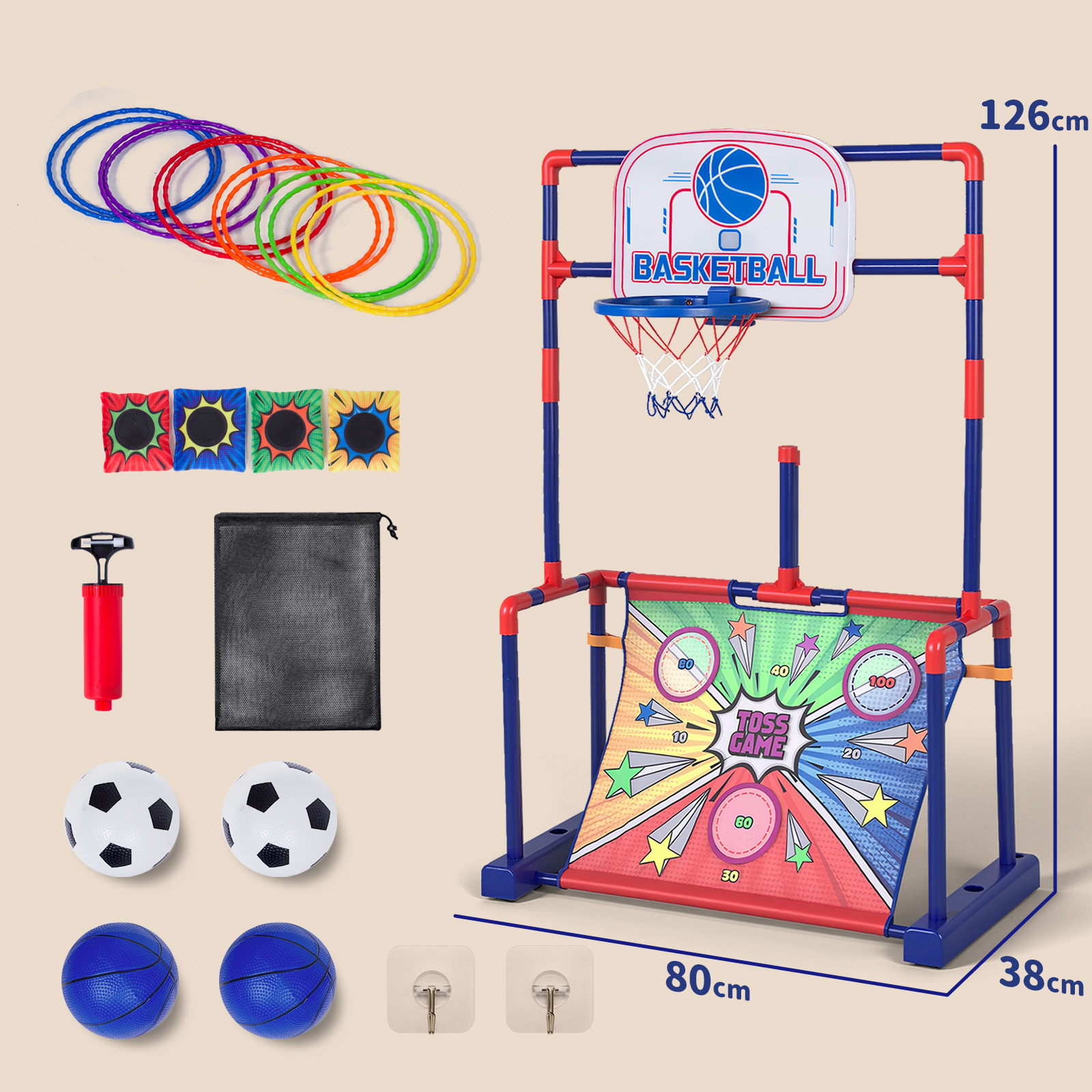 Panier Multi-sports 4-en-1 – Basket, Foot, Golf, Lancer D'anneaux – Hauteur Réglable 44-60” – Pour Enfants 3-12 Ans – Intérieur/extérieur