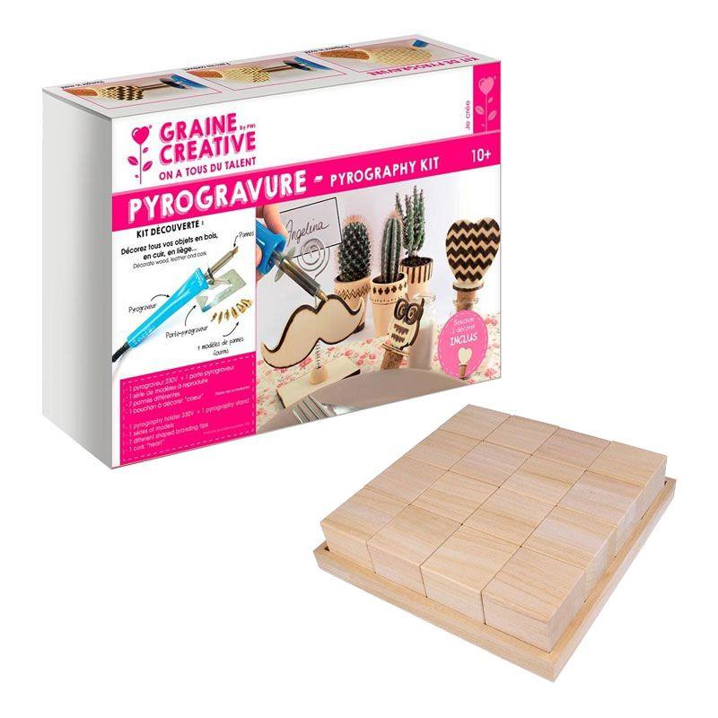 Coffret Débutant Pyrogravure + Cube En Bois 5x5x5 Cm - Outil Électrique, 7 Pannes, Modèles - À Partir De 7 Ans