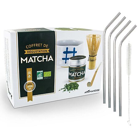Thé matcha + fouet + cuillère en bambou + 4 pailles inox