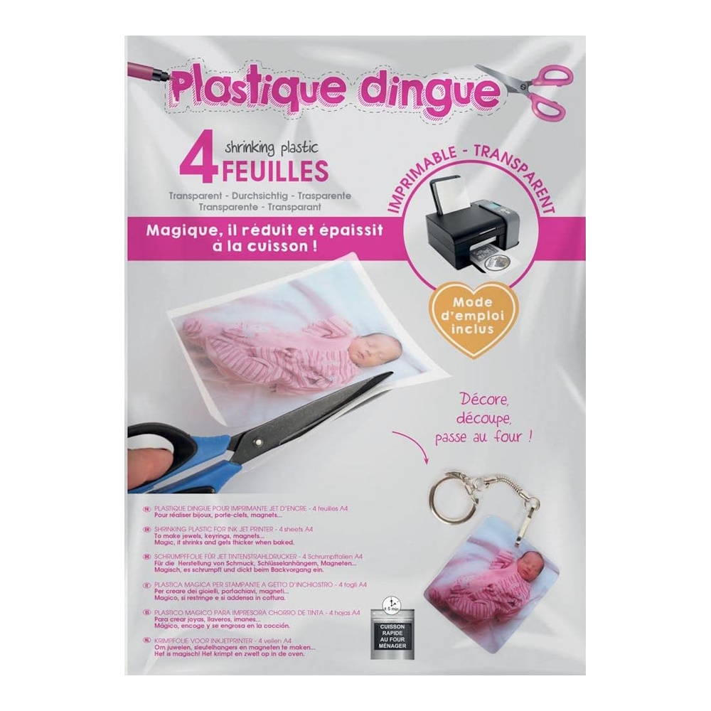 4 Feuilles Plastique Fou A4 - Transparent, Imprimable, Rétrécit Au Four Pour Créations