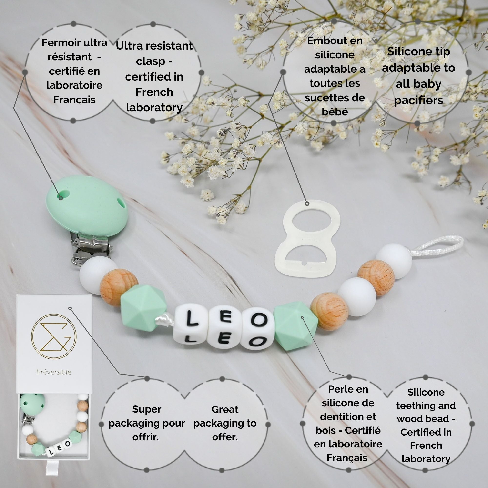 Attache-sucette Personnalisée Antermaxier – Silicone Nom Enfant, Clips Adaptés à Toutes Les Tétines, Cadeau Naissance Et Anniversaire