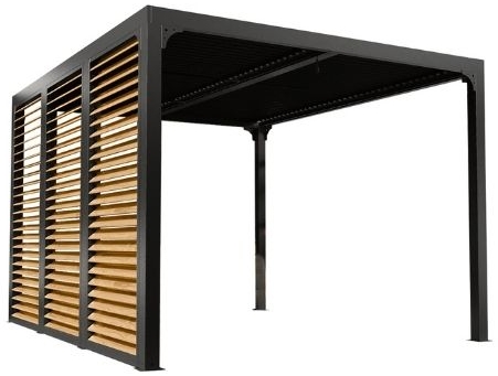 Pergola bioclimatique ALUMINIUM avec ventelles latérales aluminium mobiles couleur imitation bois pour côté 3,60 m 