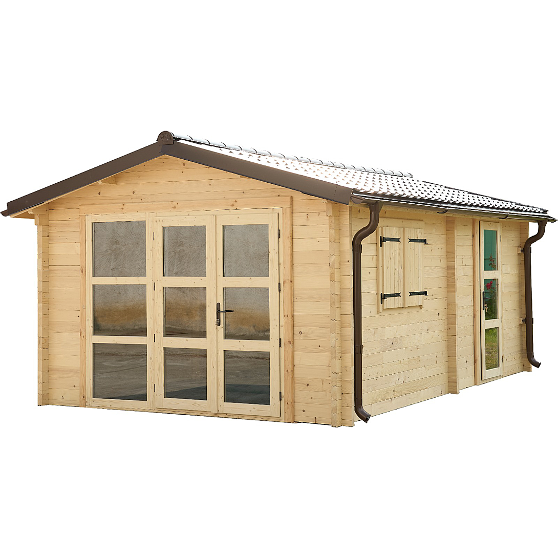 Abri chalet Madriers contrecollés / 80 mm / Surface 25,83 m2 / Couverture bardeaux verriers bitumés couleur au choix