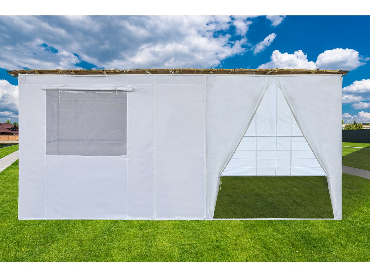 Kit Souccah NINA Ajustable 2x2 M – Avec Rouleau Bambou Et Tasseaux Bois, Structure Acier Blanc