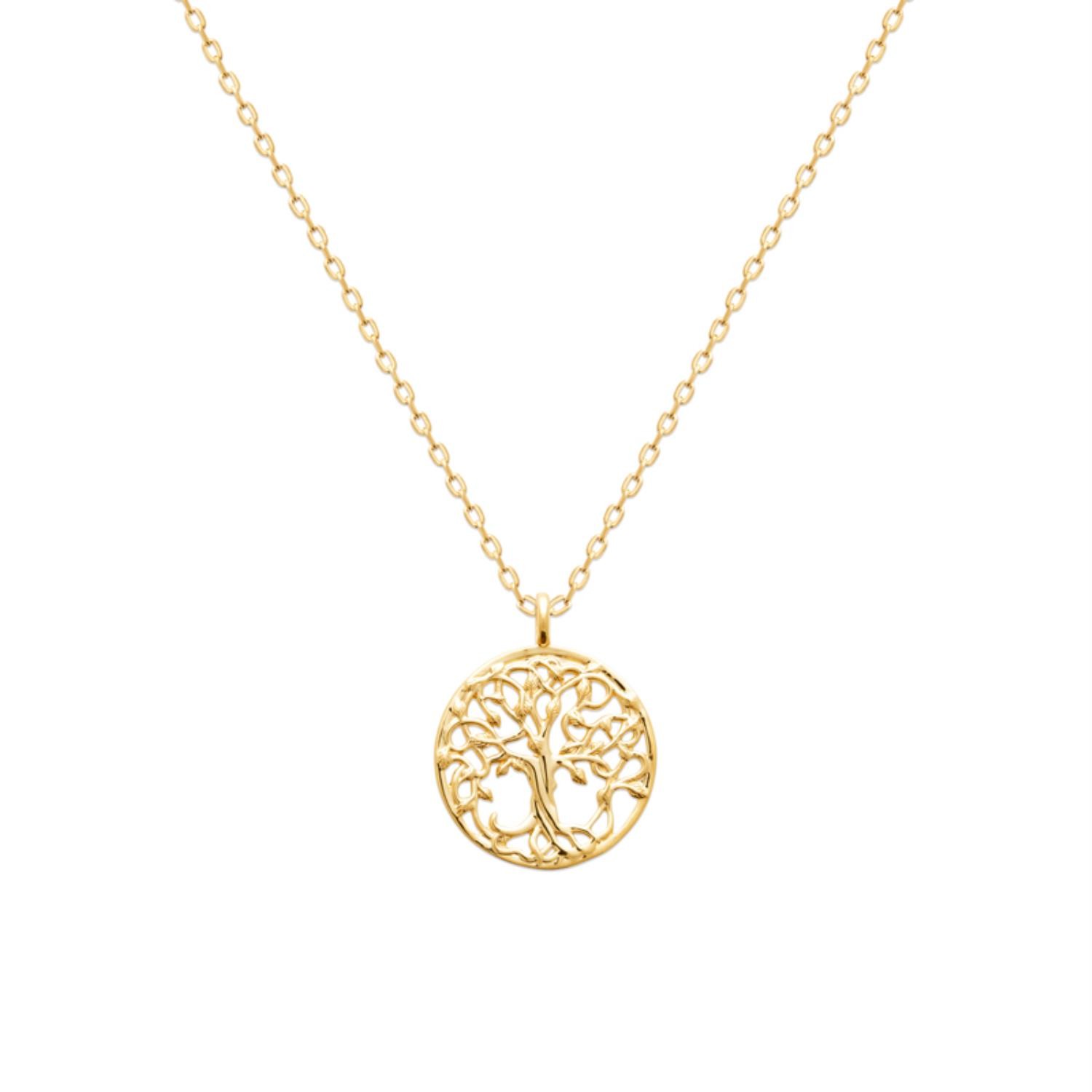 Collier arbre de vie à feuilles médaille ronde Plaqué OR 750 microns