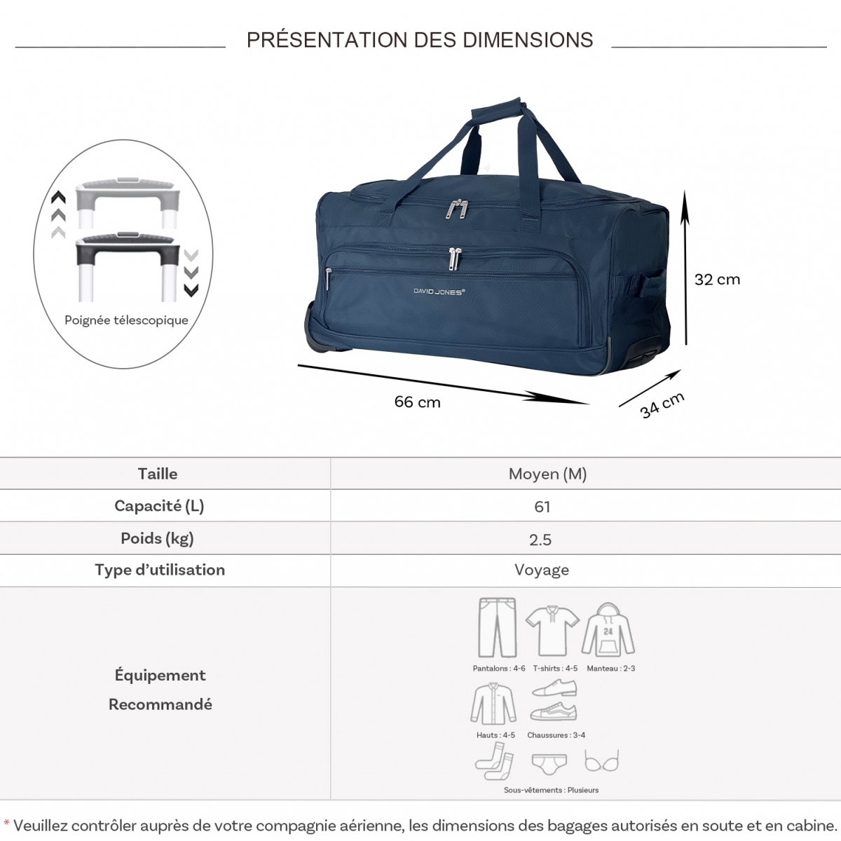 Sac de voyage avec roulettes 61L 66cm au meilleur prix