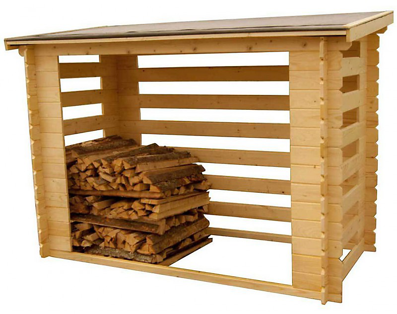 Abri range-bûches fermé avec structure madriers grand volume 4 stères de bois couverture bitumée