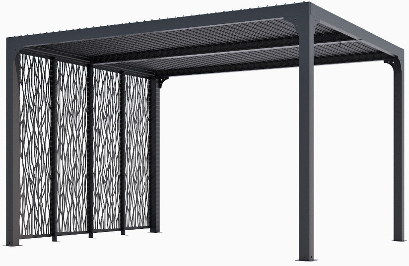 Pergola bioclimatique aluminium avec 4 panneaux moucharabieh gris 360 x L 300 x H 231 cm