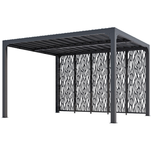 Pergola bioclimatique aluminium avec 5 panneaux moucharabieh gris pour côté 3,60 m